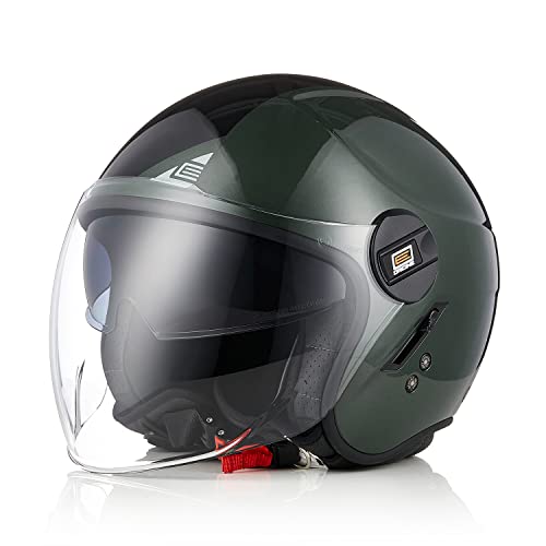 ORIGINE Casco Moto Jet Casco Moto Abierto Scooter con Doble Visera Homologado ECE (Next Black Army Green,L)