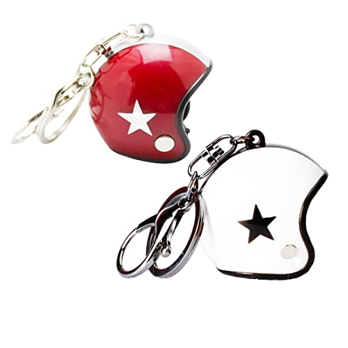 NIANOPKM Paquete de 2 llaveros de casco, llavero de estrella, motocicleta, bicicleta, regalo, sombrero duro (rojo y blanco)