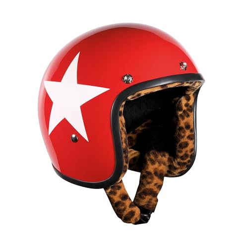 Casco de Moto Abierto BANDIT Jet Star Rojo Brillo Forro Leopardo Custom Biker Style Visera Incluida Red Gloss Star Leopard Liner Open Helmet Starr-L (S)