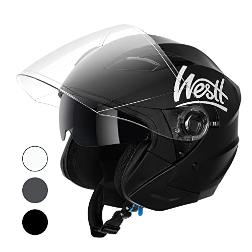 Westt Jet Casco Moto Hombre Mujer Casco de Moto con Doble Visera capacete Casco Jet Scooter Trail, Certificado ECE Dot, Tallas S-XL (L (57-58 cm), Negro Mate)