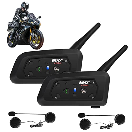 V6 Pro Intercomunicador Bluetooth Motocicletas, Intercomunicador de Casco,1200m Comunicación Intercom/Impermeabilidad/MTB/6 Motociclistas (2 Paquetes)