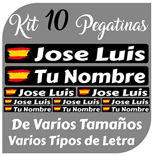 Kit 10 Pegatinas Vinilo Bandera España + tu Nombre - Bici, Casco, Pala De Padel, Monopatin, Coche, Moto, etc. Kit de Diez Vinilos (Pack Fuentes 2)