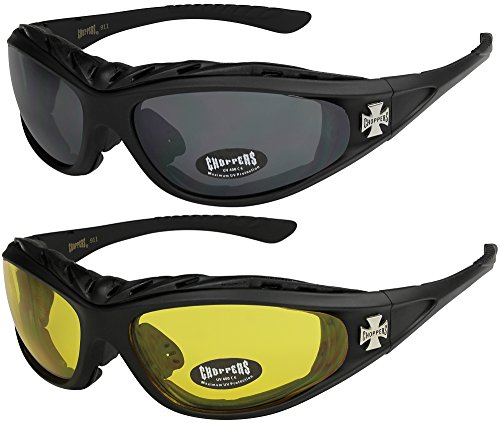 Choppers - Pack de 2 gafas de sol con acolchado acolchadas unisex hombre mujer moto bici nocturnas - 1x Modelo 01 (negro/negro tintado) y 1x Modelo 03 (negro/amarillo tintado) - Modelo 01 + 03 -