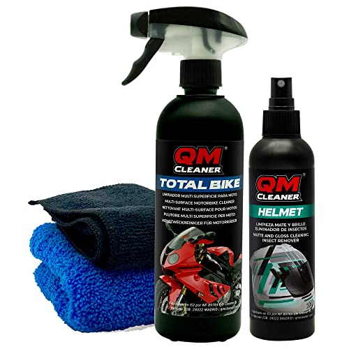 QM Cleaner – Kit de limpieza para Moto y Casco | Para Limpieza y Cuidado de la Moto y Casco - Limpiador en seco multisuperficie y eliminador de insectos para el casco. Incluye 2 paños